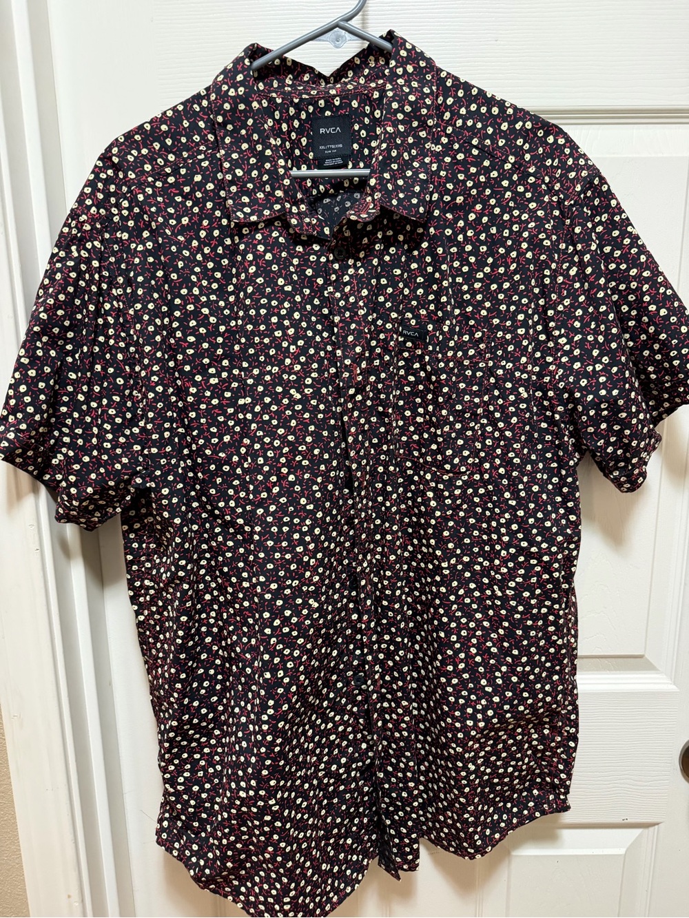 RVCA Men’s Short-Sleeve Button-Down Shirt — Black with Red & Cream Floral Print